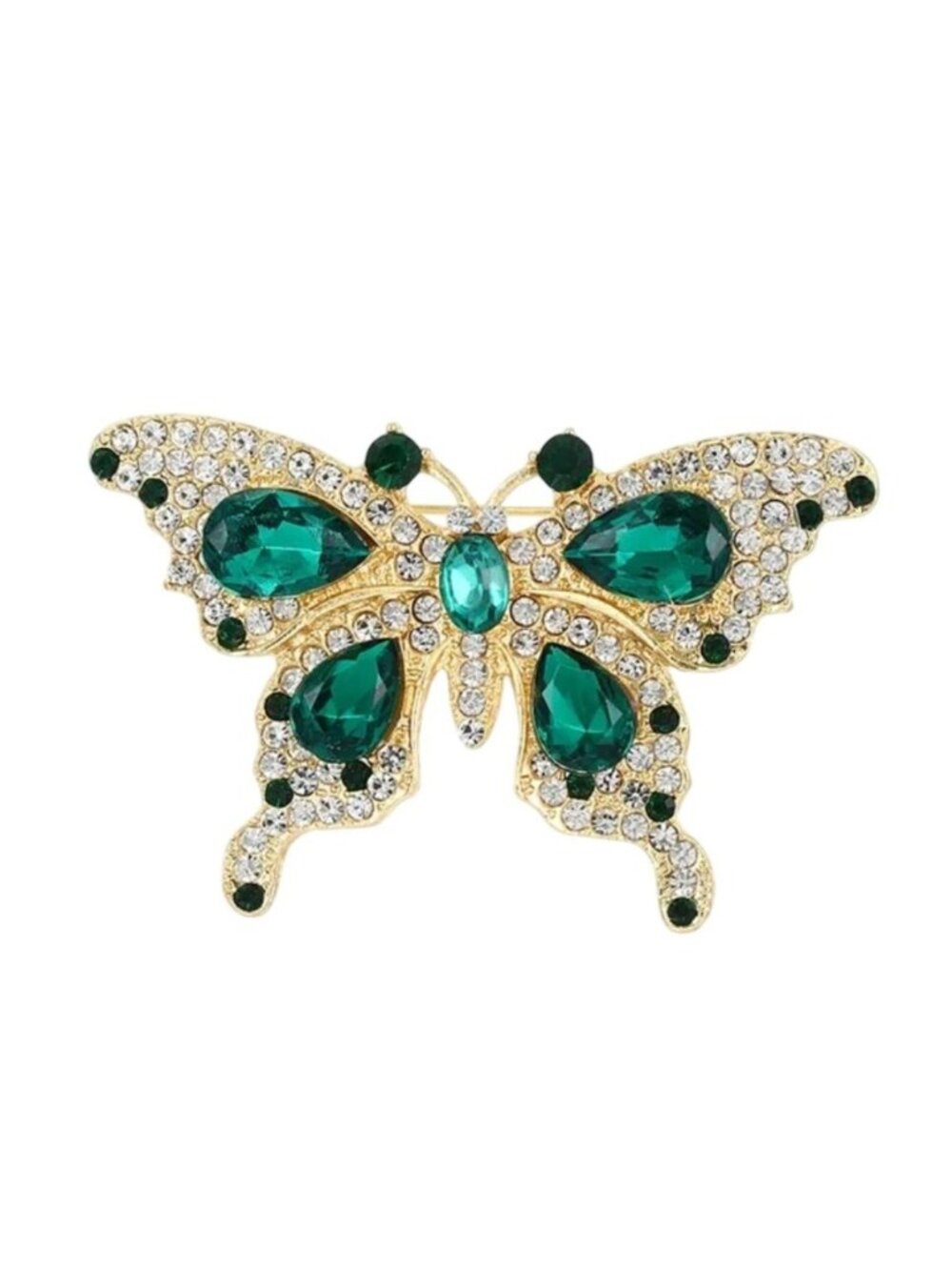 Green Crystal Gold Tone Butterfly Brooch